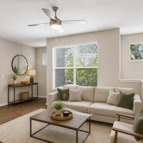 a living room with modern cream and white furniture