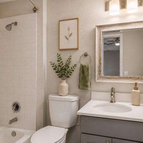 bathroom with white quartz countertop sink, tub shower combo, and toilet