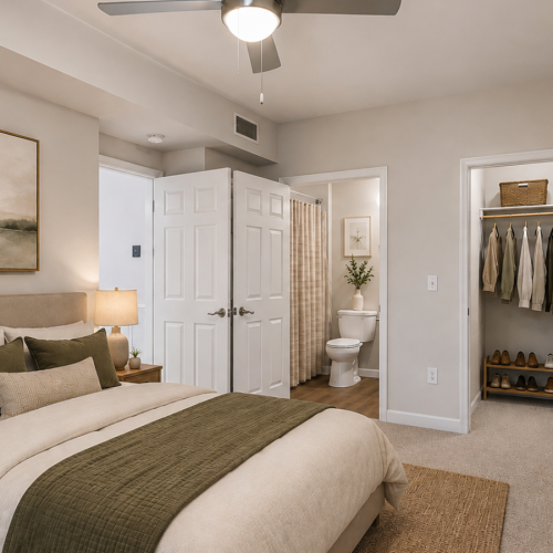 A modern bedroom with beige modern carpeting an luxury decor